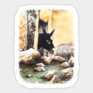 At the Window - Donkey Portrait Watercolor Sticker